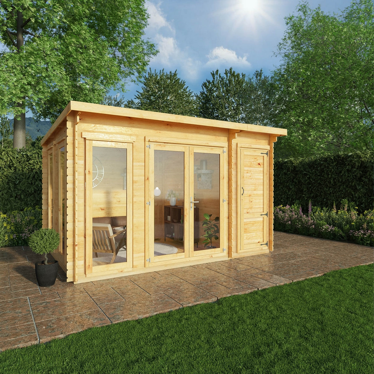 Mercia Studio 10' 11" x 13' 6" Pent Cabin with Shed - Premium 44mm Cladding Loglap