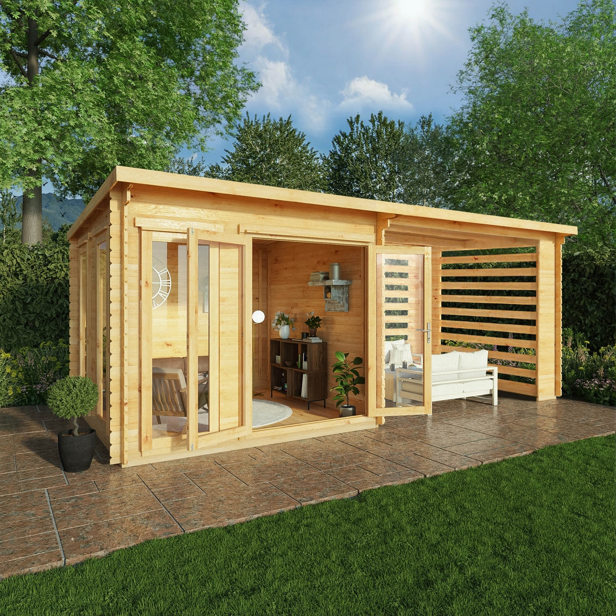 Mercia Studio 10' 11" x 19' 4" Pent Log Cabin Slatted - Premium 44mm Cladding Loglap