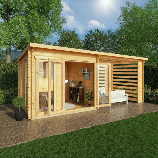 Mercia Studio 10' 11" x 19' 4" Pent Log Cabin Slatted - Premium 44mm Cladding Loglap