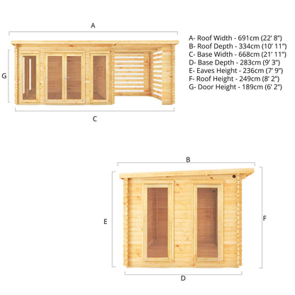Mercia Studio 10' 11" x 22' 8" Pent Log Cabin Slatted - Premium 44mm Cladding Loglap