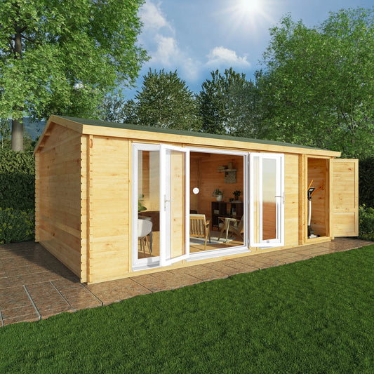 Mercia Studio 13' 7" x 20' 2" Apex Log Cabin - Premium 44mm Cladding Loglap - White UPVC