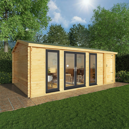 Mercia Studio 13' 7" x 20' 2" Apex Log Cabin - Premium 44mm Cladding Loglap - Grey UPVC