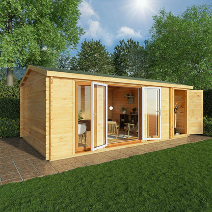 Mercia Studio 13' 7" x 20' 2" Apex Log Cabin - Premium 44mm Cladding Loglap - Brown UPVC
