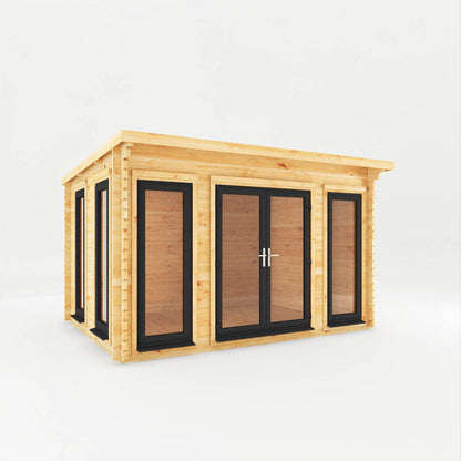 Mercia Studio 10' 11" x 13' 2" Pent Log Cabin - Premium 44mm Cladding Loglap - Grey UPVC