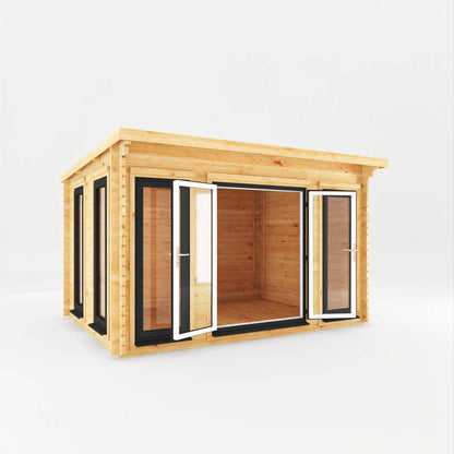 Mercia Studio 10' 11" x 13' 2" Pent Log Cabin - Premium 44mm Cladding Loglap - Grey UPVC