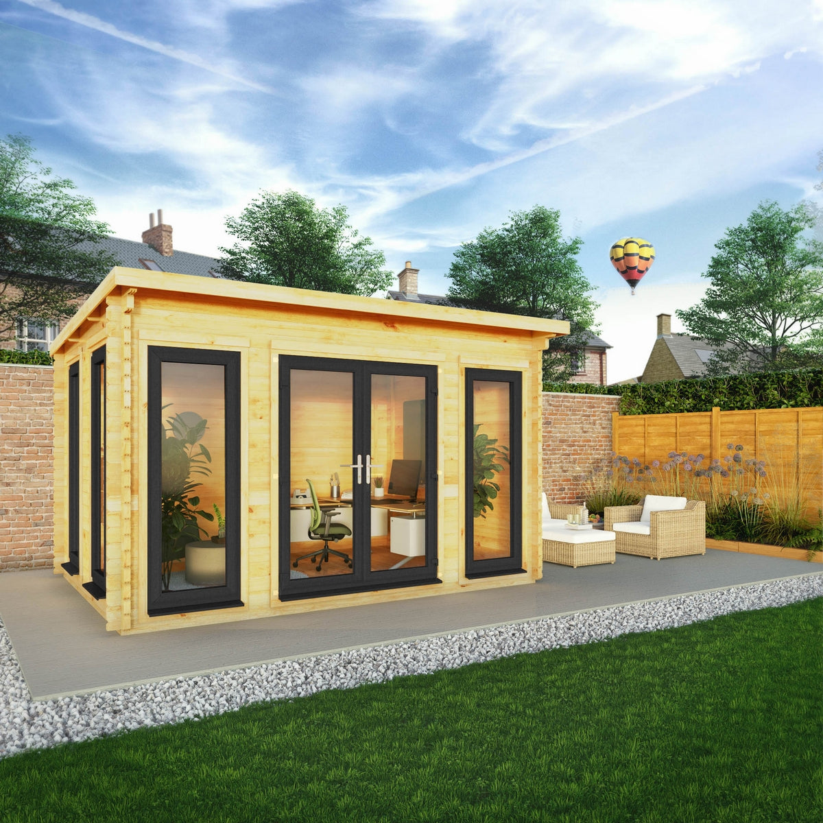 Mercia Studio 10' 11" x 13' 2" Pent Log Cabin - Premium 44mm Cladding Loglap - Grey UPVC