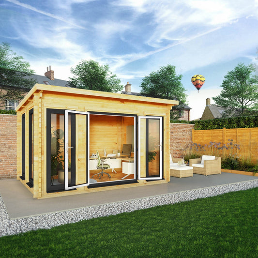 Mercia Studio 10' 11" x 13' 2" Pent Log Cabin - Premium 44mm Cladding Loglap - Grey UPVC