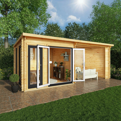 Mercia Studio 10' 11" x 19' 4" Pent Log Cabin - Premium 44mm Cladding Loglap - Grey UPVC