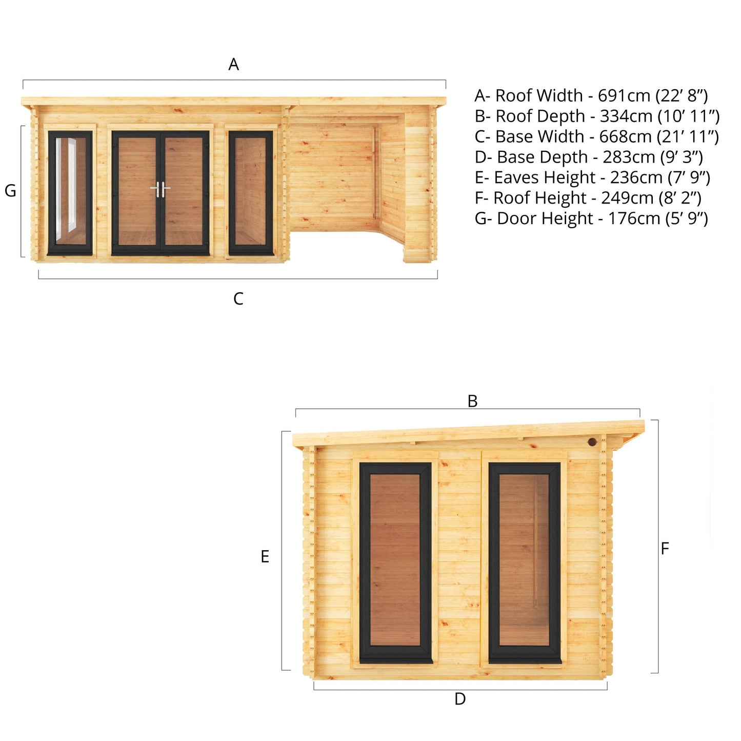 Mercia Studio 10' 11" x 22' 8" Pent Log Cabin - Premium 44mm Cladding Loglap - Grey UPVC