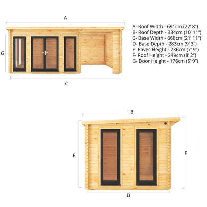 Mercia Studio 10' 11" x 22' 8" Pent Log Cabin - Premium 44mm Cladding Loglap - Grey UPVC