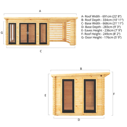 Mercia Studio 10' 11" x 22' 8" Pent Log Cabin Slatted - Premium 44mm Cladding Loglap - Grey UPVC