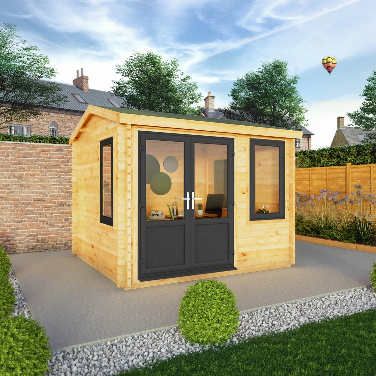 Mercia Elite 10' 3" x 9' 11" Reverse Apex Log Cabin - Premium 44mm Cladding Loglap - Grey UPVC