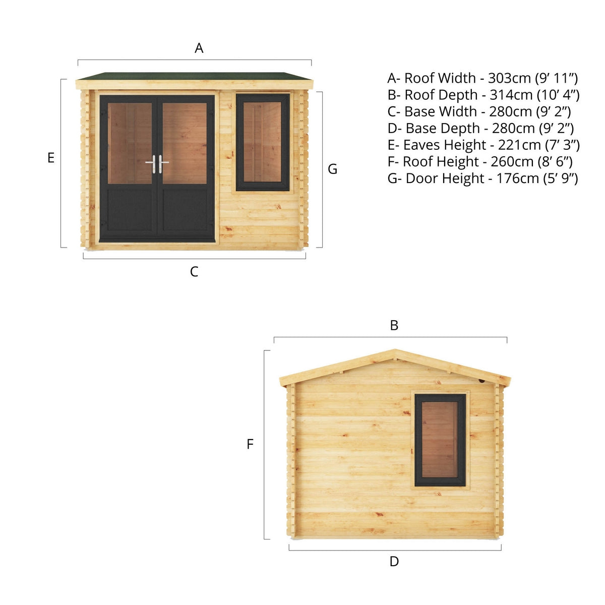 Mercia Elite 10' 3" x 9' 11" Reverse Apex Log Cabin - Premium 44mm Cladding Loglap - Grey UPVC