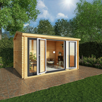 Mercia Studio 10' 3" x 13' 2" Apex Log Cabin - Premium 44mm Cladding Loglap - Grey UPVC