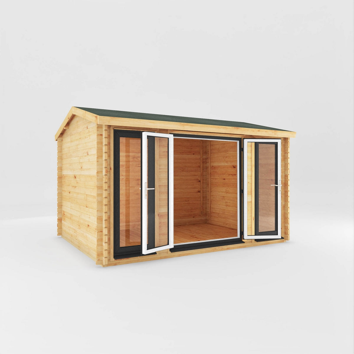 Mercia Studio 10' 3" x 13' 2" Apex Log Cabin - Premium 44mm Cladding Loglap - Grey UPVC