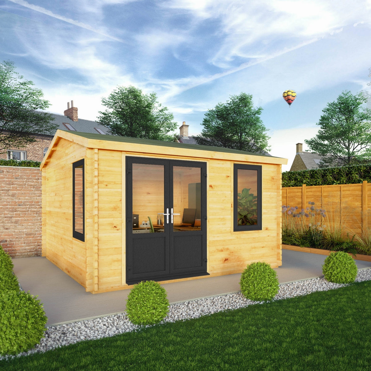 Mercia Elite 13' 6" x 13' 2" Apex Log Cabin - Premium 44mm Cladding Loglap - Grey UPVC
