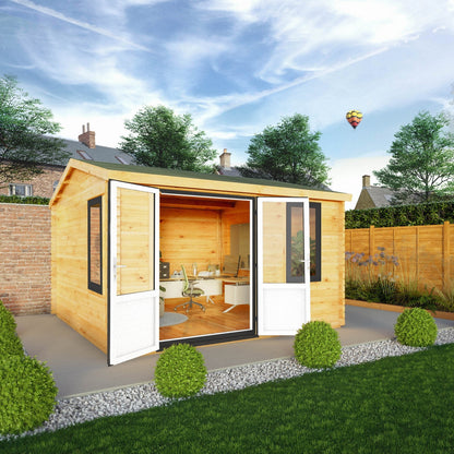 Mercia Elite 13' 6" x 13' 2" Apex Log Cabin - Premium 44mm Cladding Loglap - Grey UPVC