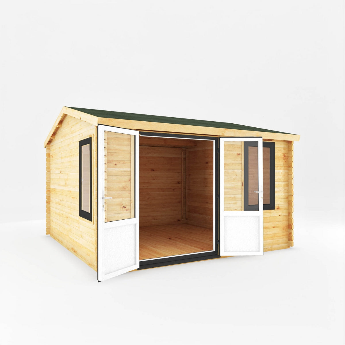 Mercia Elite 13' 6" x 13' 2" Apex Log Cabin - Premium 44mm Cladding Loglap - Grey UPVC