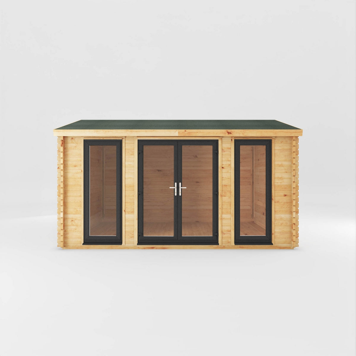 Mercia Studio 11' 11" x 14' 10" Apex Log Cabin - Premium 44mm Cladding Loglap - Grey UPVC