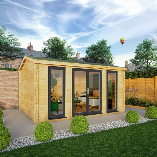Mercia Studio 11' 11" x 14' 10" Apex Log Cabin - Premium 44mm Cladding Loglap - Grey UPVC
