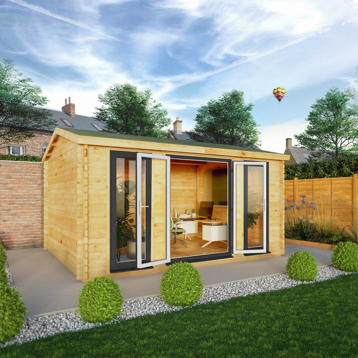 Mercia Studio 11' 11" x 14' 10" Apex Log Cabin - Premium 44mm Cladding Loglap - Grey UPVC