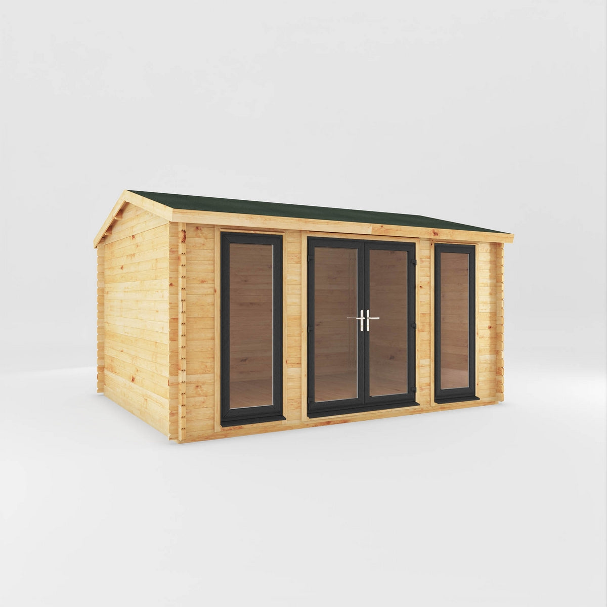 Mercia Studio 11' 11" x 14' 10" Apex Log Cabin - Premium 44mm Cladding Loglap - Grey UPVC