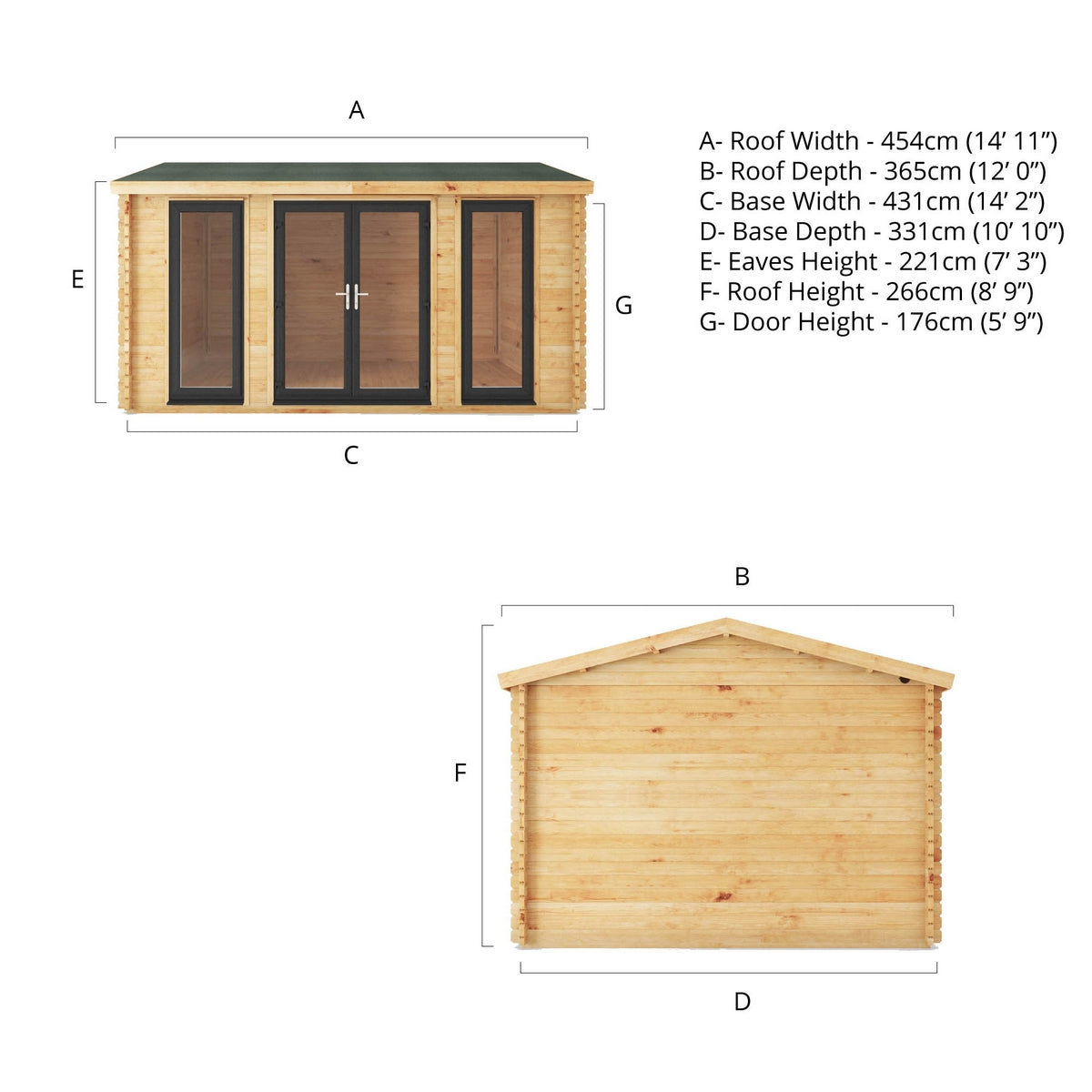 Mercia Studio 11' 11" x 14' 10" Apex Log Cabin - Premium 44mm Cladding Loglap - Grey UPVC