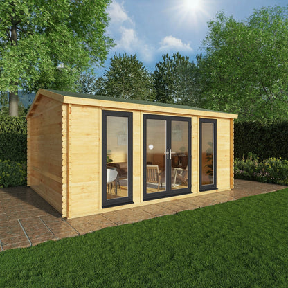Mercia Studio 13' 7" x 16' 6" Apex Log Cabin - Premium 44mm Cladding Loglap - Grey UPVC