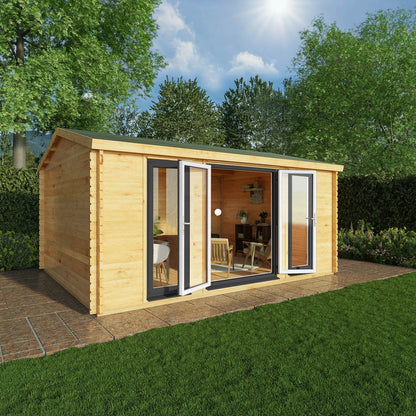 Mercia Studio 13' 7" x 16' 6" Apex Log Cabin - Premium 44mm Cladding Loglap - Grey UPVC