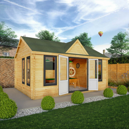 Mercia Clock Tower 13' 7" x 17' 6" Apex Log Cabin - Premium 44mm Cladding Loglap - Grey UPVC