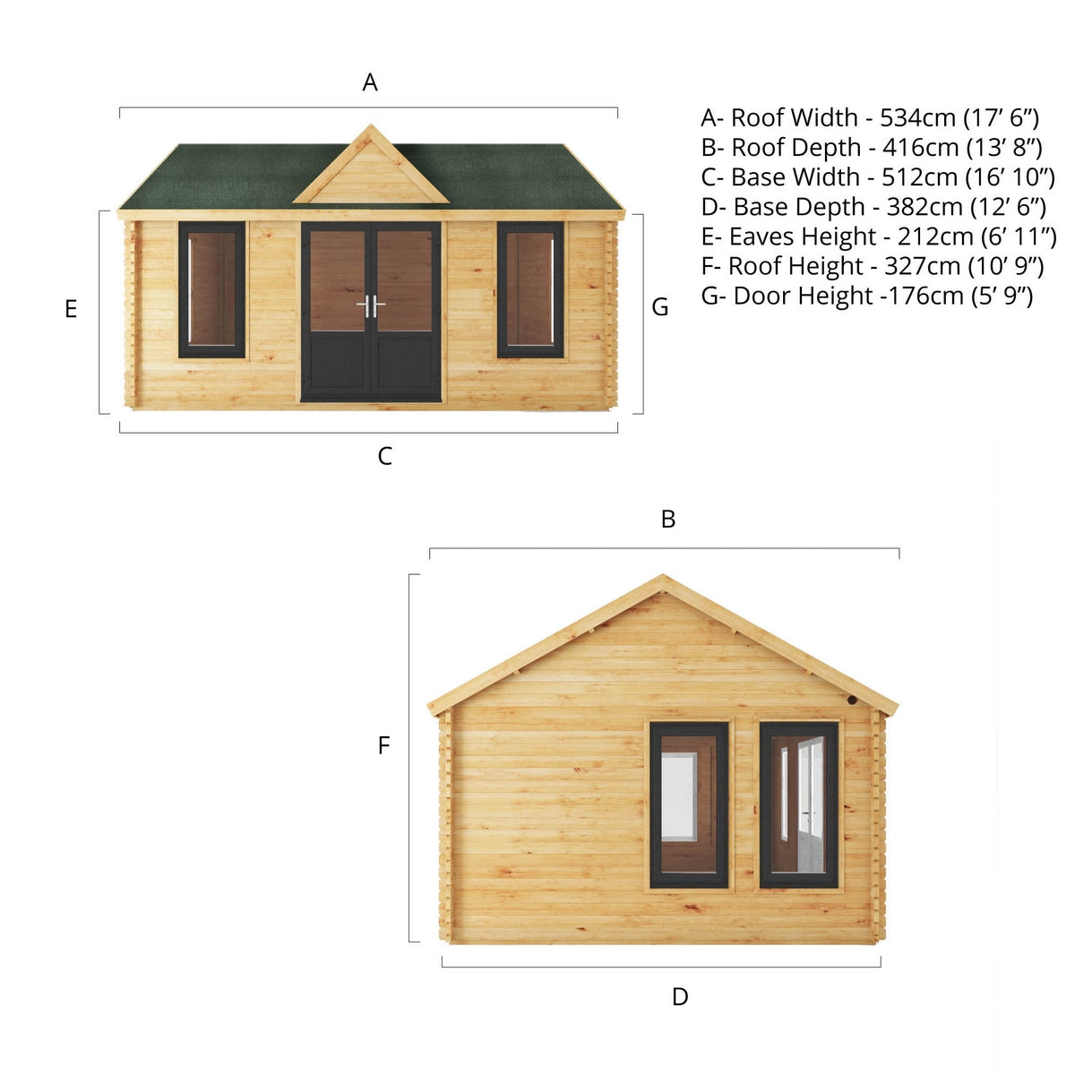 Mercia Clock Tower 13' 7" x 17' 6" Apex Log Cabin - Premium 44mm Cladding Loglap - Grey UPVC