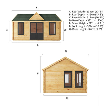Mercia Clock Tower 13' 7" x 17' 6" Apex Log Cabin - Premium 44mm Cladding Loglap - Grey UPVC