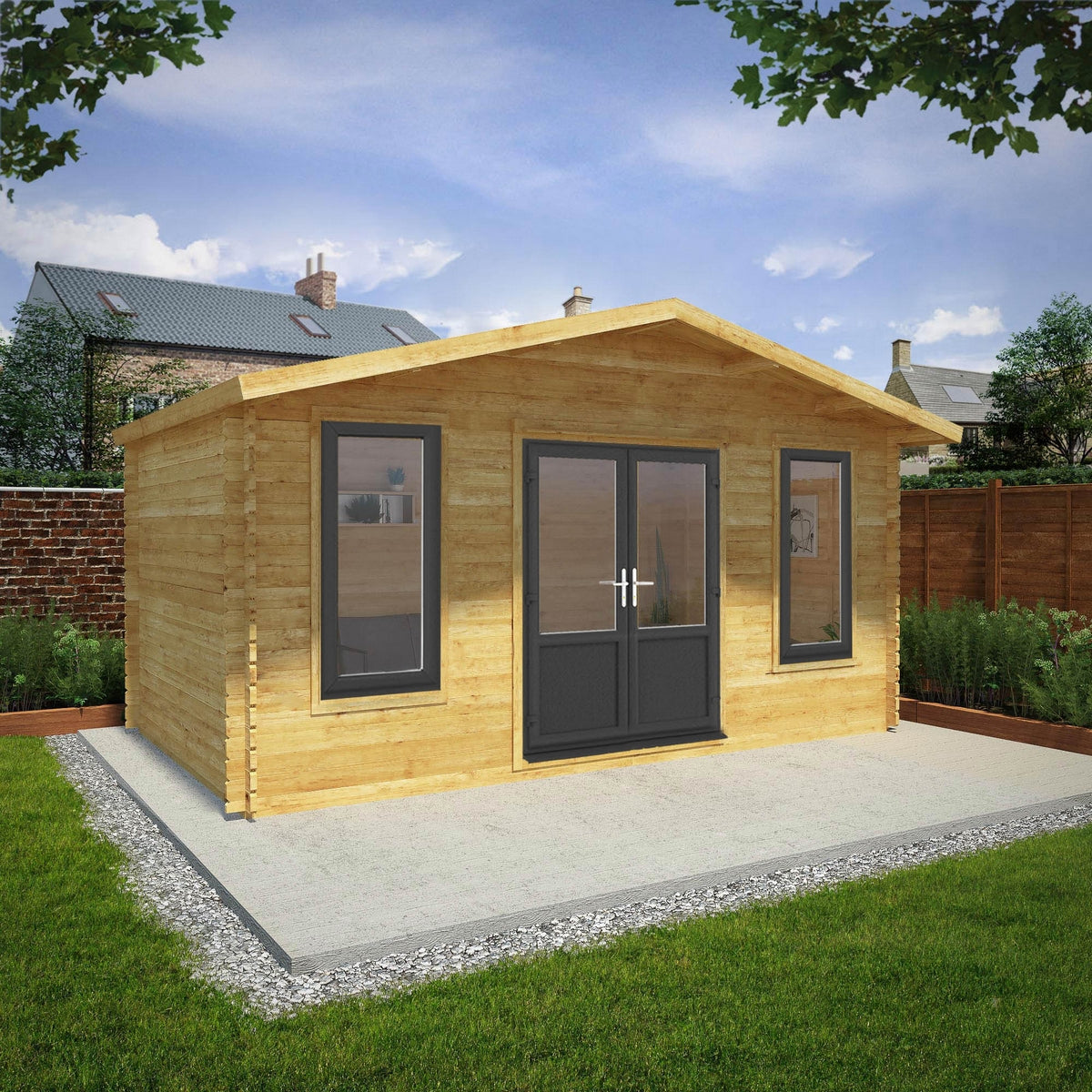 Mercia Retreat 11' 3" x 16' 10" Apex Log Cabin - Premium 44mm Cladding Loglap - Grey UPVC