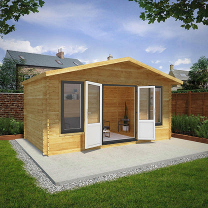 Mercia Retreat 11' 3" x 16' 10" Apex Log Cabin - Premium 44mm Cladding Loglap - Grey UPVC