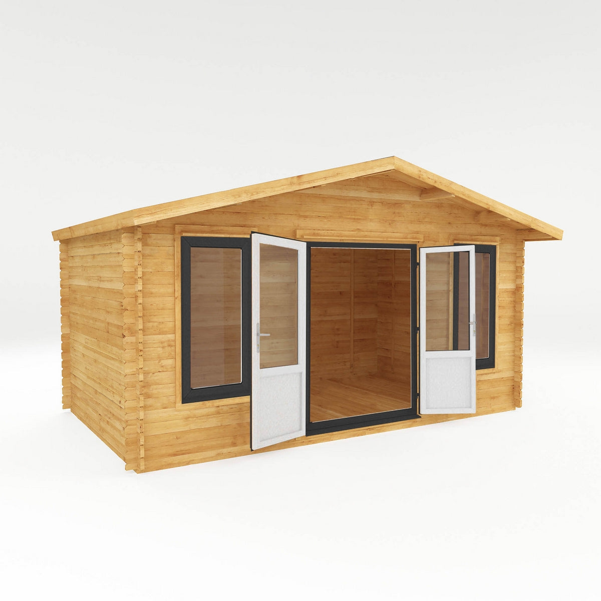 Mercia Retreat 11' 3" x 16' 10" Apex Log Cabin - Premium 44mm Cladding Loglap - Grey UPVC