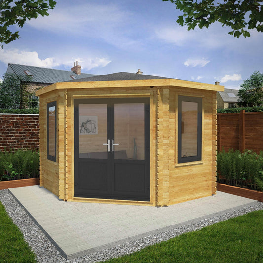 Mercia Corner 10' 4" x 10' 2" Hip Log Cabin - Premium 44mm Cladding Loglap - Grey UPVC