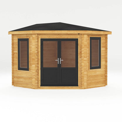 Mercia Corner 10' 4" x 10' 2" Hip Log Cabin - Premium 44mm Cladding Loglap - Grey UPVC