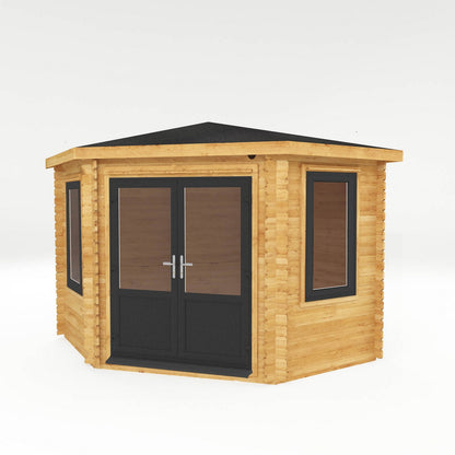 Mercia Corner 10' 4" x 10' 2" Hip Log Cabin - Premium 44mm Cladding Loglap - Grey UPVC
