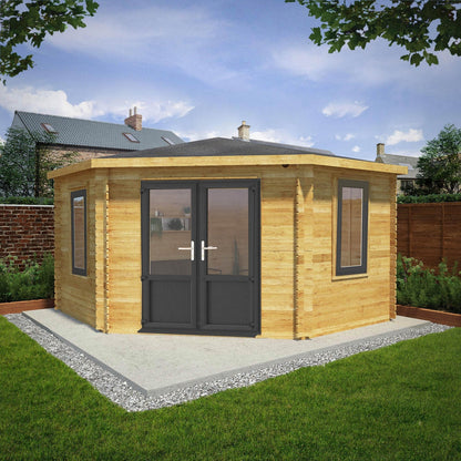Mercia Corner 13' 7" x 13' 5" Hip Log Cabin - Premium 44mm Cladding Loglap - Grey UPVC