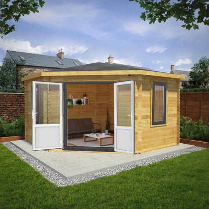 Mercia Corner 13' 7" x 13' 5" Hip Log Cabin - Premium 44mm Cladding Loglap - Grey UPVC