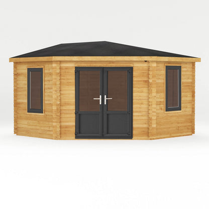 Mercia Corner 13' 7" x 13' 5" Hip Log Cabin - Premium 44mm Cladding Loglap - Grey UPVC
