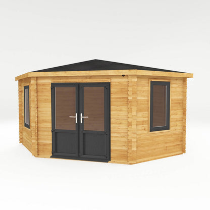 Mercia Corner 13' 7" x 13' 5" Hip Log Cabin - Premium 44mm Cladding Loglap - Grey UPVC