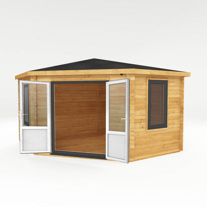 Mercia Corner 13' 7" x 13' 5" Hip Log Cabin - Premium 44mm Cladding Loglap - Grey UPVC