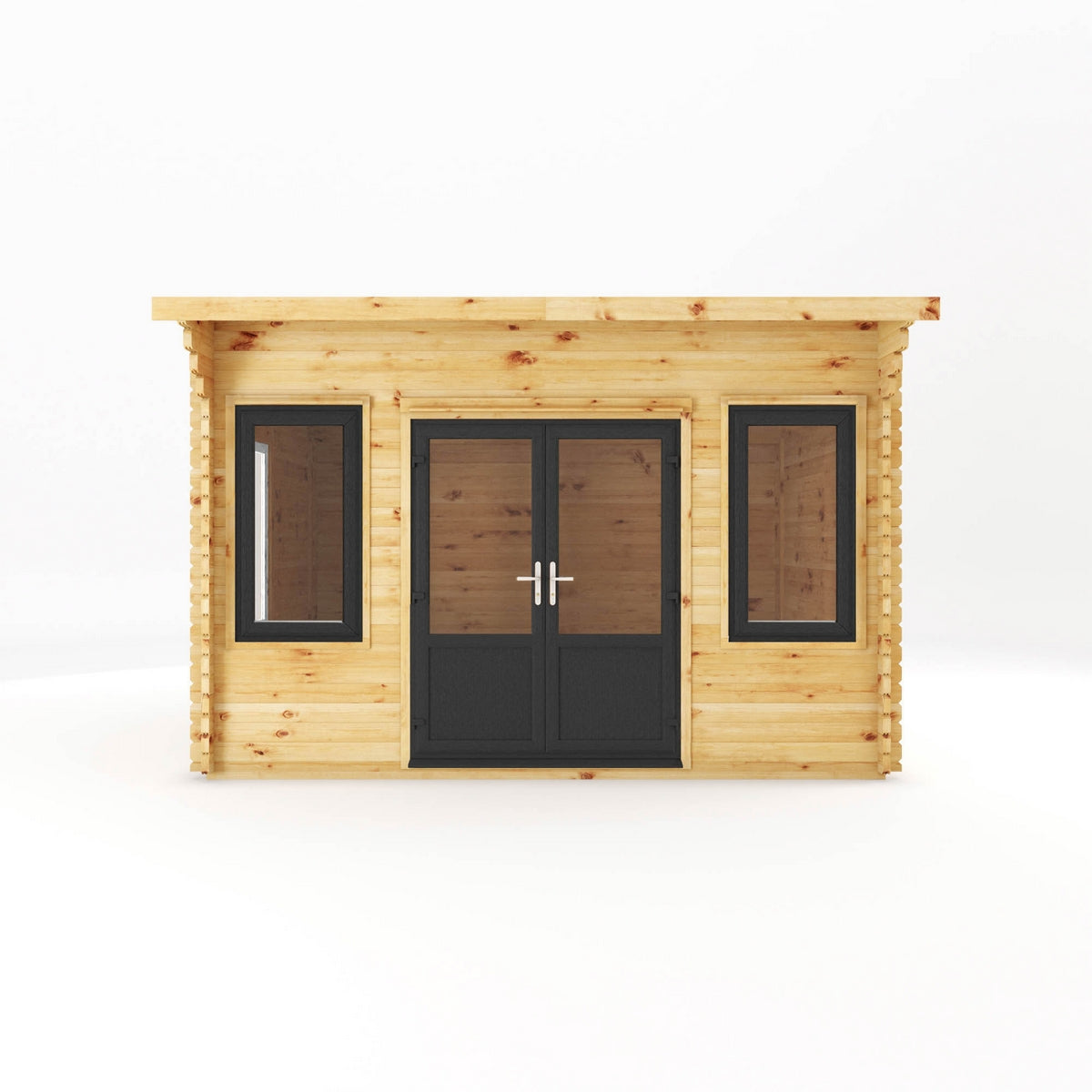 Mercia Helios 11' 5" x 13' 4" Curved Log Cabin - Premium 44mm Cladding Loglap - Grey UPVC