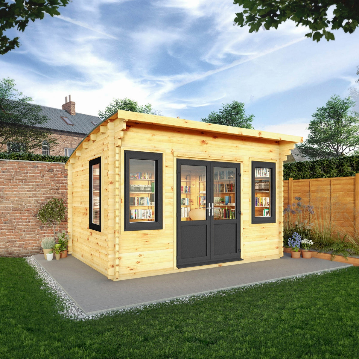 Mercia Helios 11' 5" x 13' 4" Curved Log Cabin - Premium 44mm Cladding Loglap - Grey UPVC