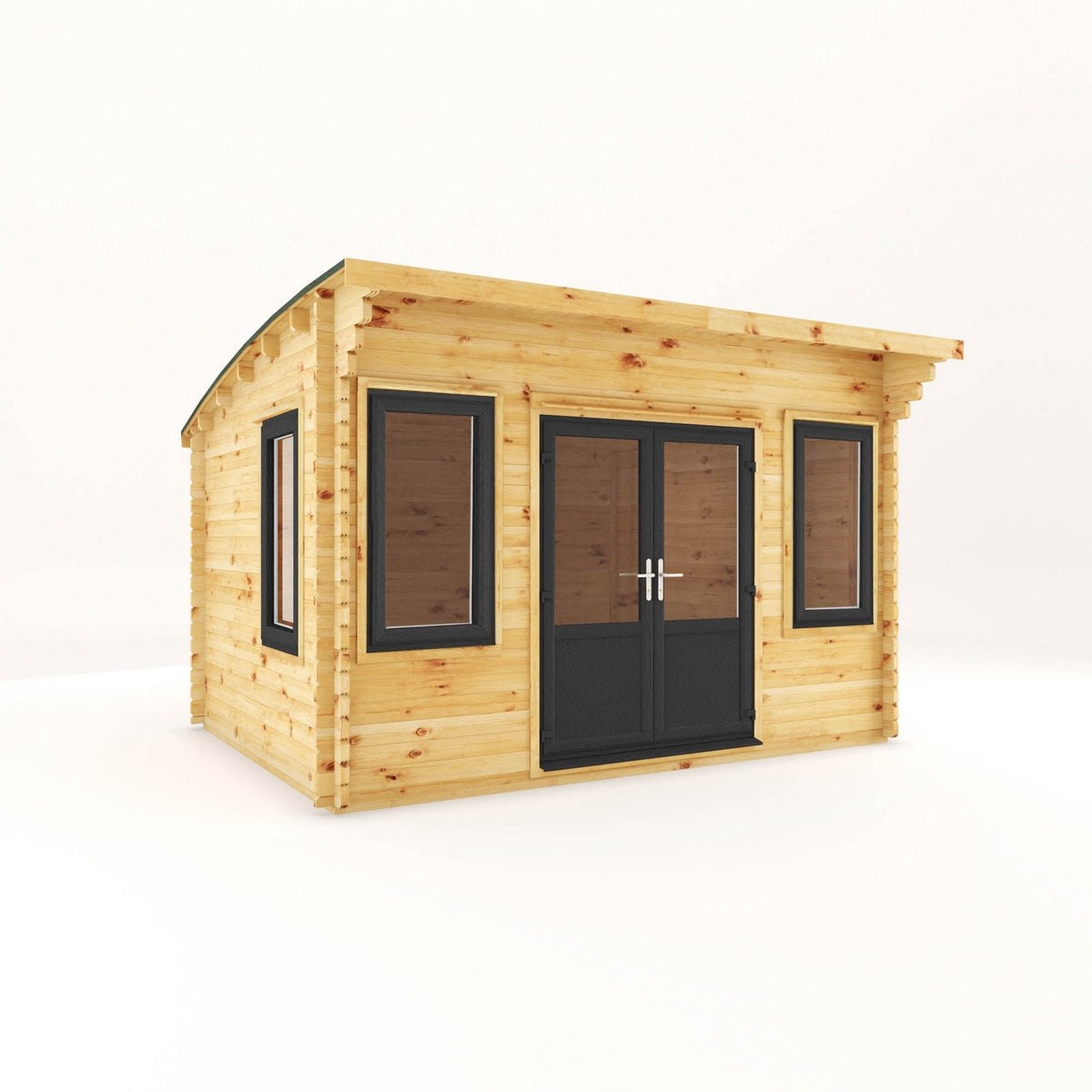 Mercia Helios 11' 5" x 13' 4" Curved Log Cabin - Premium 44mm Cladding Loglap - Grey UPVC