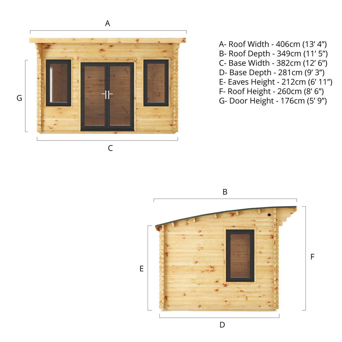 Mercia Helios 11' 5" x 13' 4" Curved Log Cabin - Premium 44mm Cladding Loglap - Grey UPVC