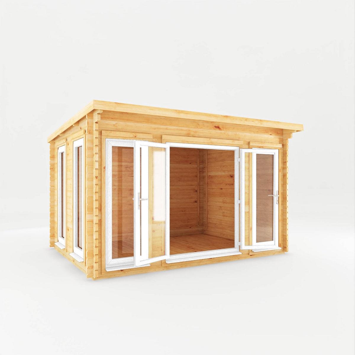 Mercia Studio 10' 11" x 13' 2" Pent Log Cabin - Premium 44mm Cladding Loglap - White UPVC