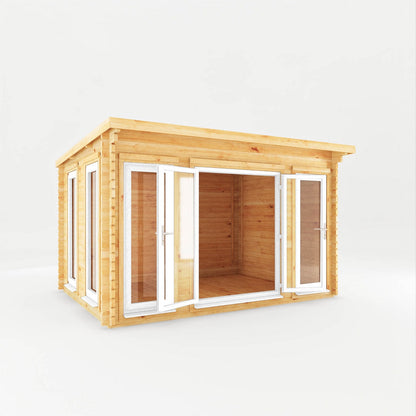 Mercia Studio 10' 11" x 13' 2" Pent Log Cabin - Premium 44mm Cladding Loglap - White UPVC