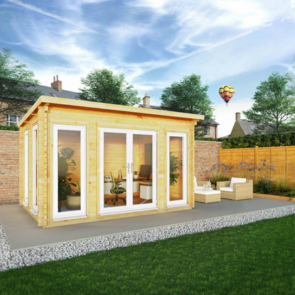 Mercia Studio 10' 11" x 13' 2" Pent Log Cabin - Premium 44mm Cladding Loglap - White UPVC